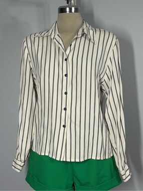 Classic Cream and Navy Vertical-Stripe Button Blouse